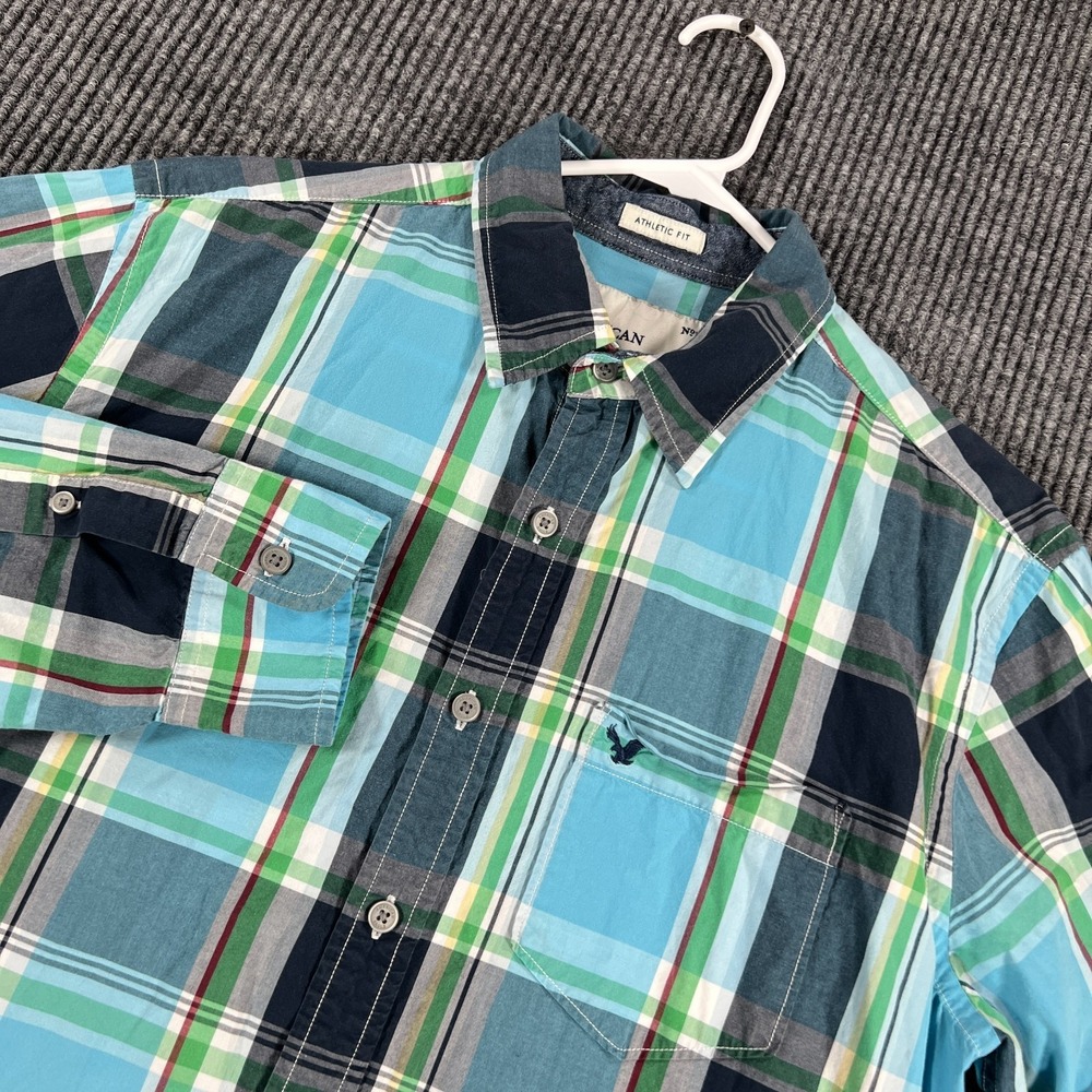 American Eagle Shirt Mens Medium Blue Plaid Long‎ Sleeve Button Up Athletic Fit